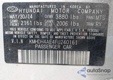 2015 Hyundai Elantra Se from USA, damaged, VIN KMHDH4AE4FU240161